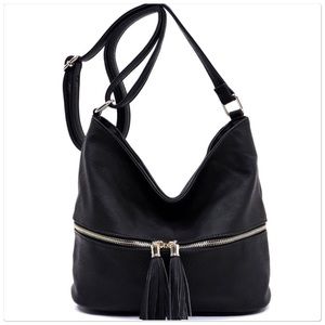 Tassel Crossbody Bucket Satchel Black